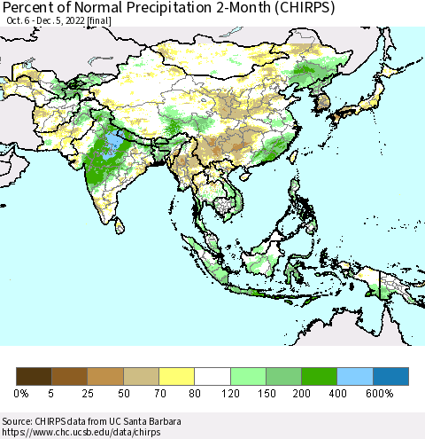 Asia Percent of Normal Precipitation 2-Month (CHIRPS) Thematic Map For 10/6/2022 - 12/5/2022