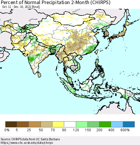 Asia Percent of Normal Precipitation 2-Month (CHIRPS) Thematic Map For 10/11/2022 - 12/10/2022
