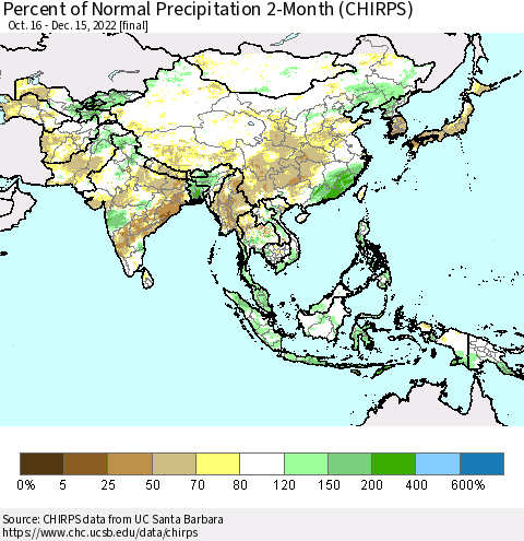 Asia Percent of Normal Precipitation 2-Month (CHIRPS) Thematic Map For 10/16/2022 - 12/15/2022