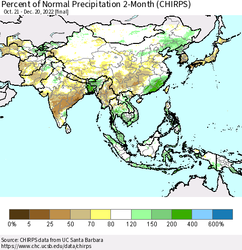 Asia Percent of Normal Precipitation 2-Month (CHIRPS) Thematic Map For 10/21/2022 - 12/20/2022