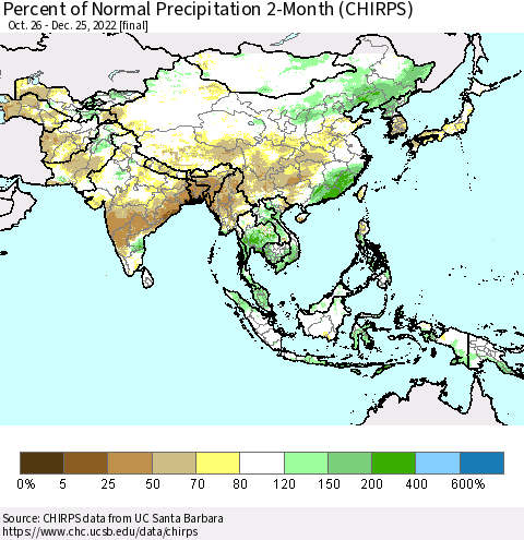 Asia Percent of Normal Precipitation 2-Month (CHIRPS) Thematic Map For 10/26/2022 - 12/25/2022