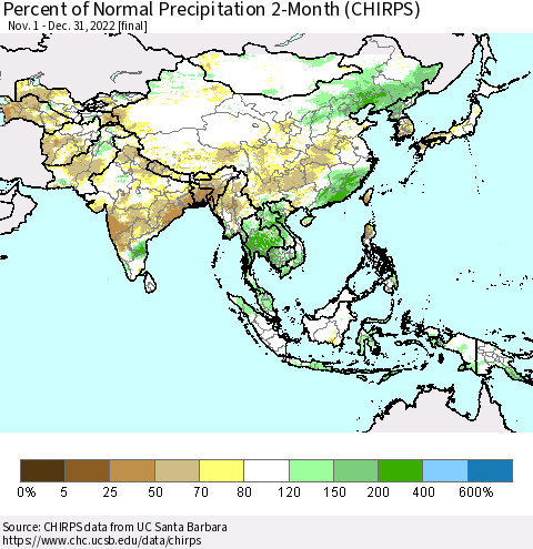 Asia Percent of Normal Precipitation 2-Month (CHIRPS) Thematic Map For 11/1/2022 - 12/31/2022