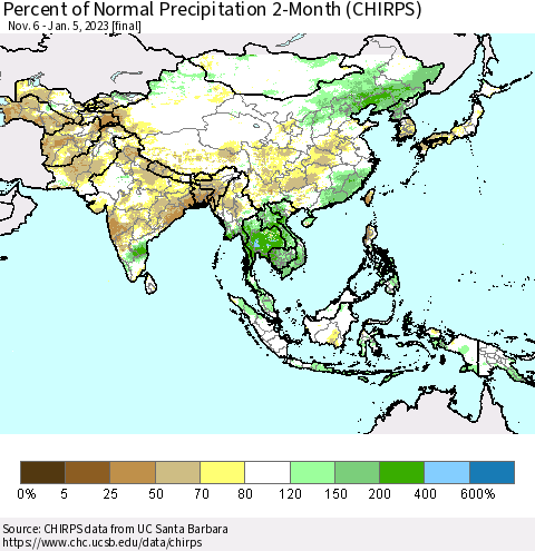 Asia Percent of Normal Precipitation 2-Month (CHIRPS) Thematic Map For 11/6/2022 - 1/5/2023