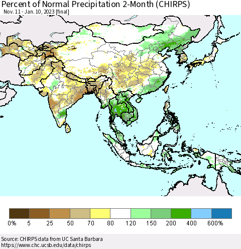Asia Percent of Normal Precipitation 2-Month (CHIRPS) Thematic Map For 11/11/2022 - 1/10/2023