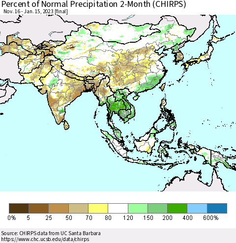 Asia Percent of Normal Precipitation 2-Month (CHIRPS) Thematic Map For 11/16/2022 - 1/15/2023