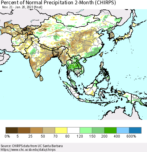 Asia Percent of Normal Precipitation 2-Month (CHIRPS) Thematic Map For 11/21/2022 - 1/20/2023