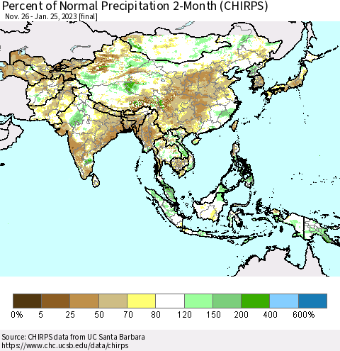 Asia Percent of Normal Precipitation 2-Month (CHIRPS) Thematic Map For 11/26/2022 - 1/25/2023