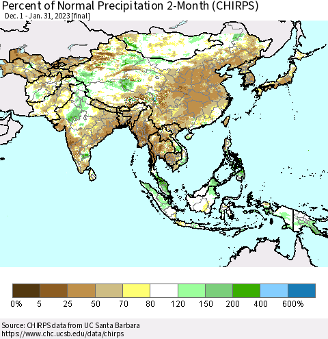 Asia Percent of Normal Precipitation 2-Month (CHIRPS) Thematic Map For 12/1/2022 - 1/31/2023
