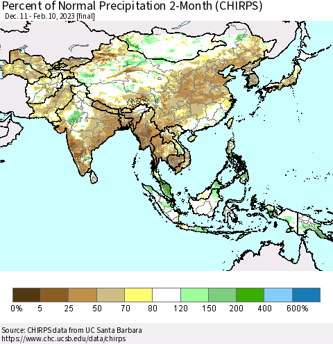 Asia Percent of Normal Precipitation 2-Month (CHIRPS) Thematic Map For 12/11/2022 - 2/10/2023