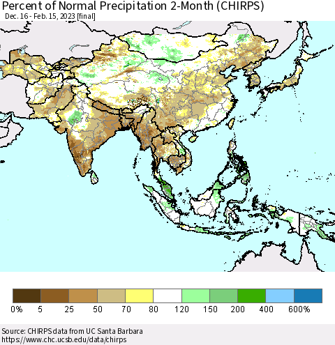 Asia Percent of Normal Precipitation 2-Month (CHIRPS) Thematic Map For 12/16/2022 - 2/15/2023