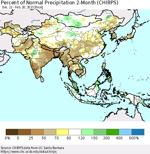 Asia Percent of Normal Precipitation 2-Month (CHIRPS) Thematic Map For 12/21/2022 - 2/20/2023