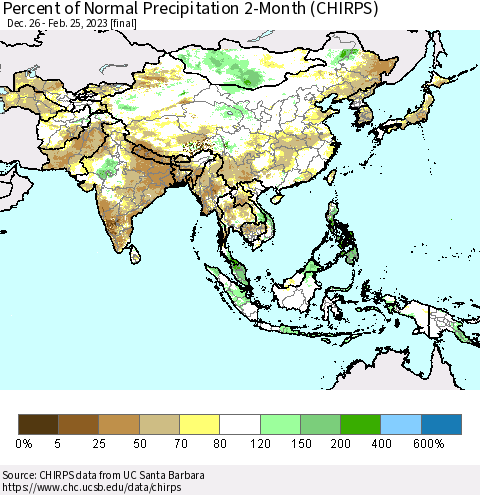 Asia Percent of Normal Precipitation 2-Month (CHIRPS) Thematic Map For 12/26/2022 - 2/25/2023