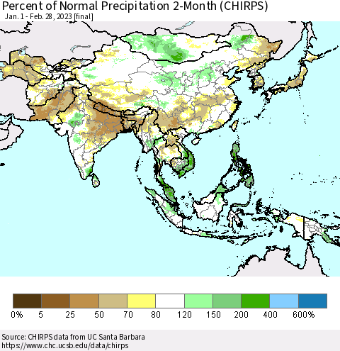 Asia Percent of Normal Precipitation 2-Month (CHIRPS) Thematic Map For 1/1/2023 - 2/28/2023