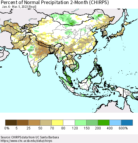 Asia Percent of Normal Precipitation 2-Month (CHIRPS) Thematic Map For 1/6/2023 - 3/5/2023