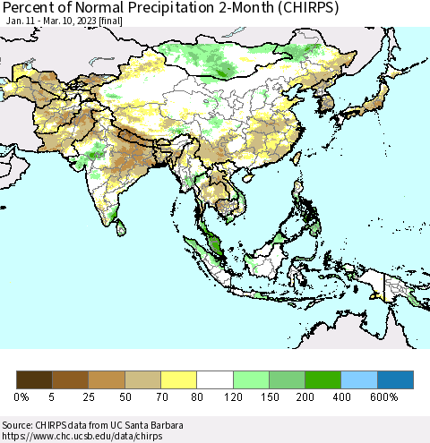 Asia Percent of Normal Precipitation 2-Month (CHIRPS) Thematic Map For 1/11/2023 - 3/10/2023