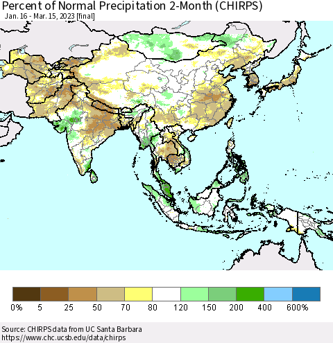 Asia Percent of Normal Precipitation 2-Month (CHIRPS) Thematic Map For 1/16/2023 - 3/15/2023