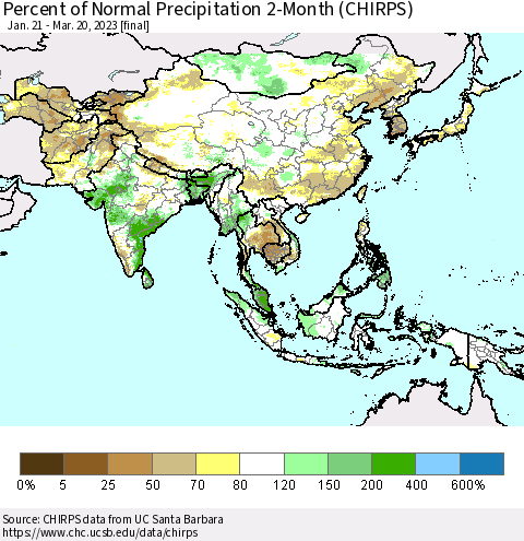 Asia Percent of Normal Precipitation 2-Month (CHIRPS) Thematic Map For 1/21/2023 - 3/20/2023