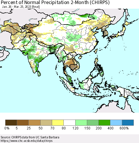 Asia Percent of Normal Precipitation 2-Month (CHIRPS) Thematic Map For 1/26/2023 - 3/25/2023