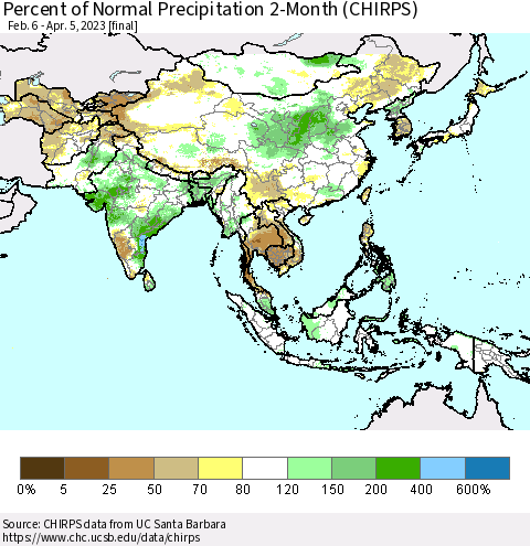 Asia Percent of Normal Precipitation 2-Month (CHIRPS) Thematic Map For 2/6/2023 - 4/5/2023