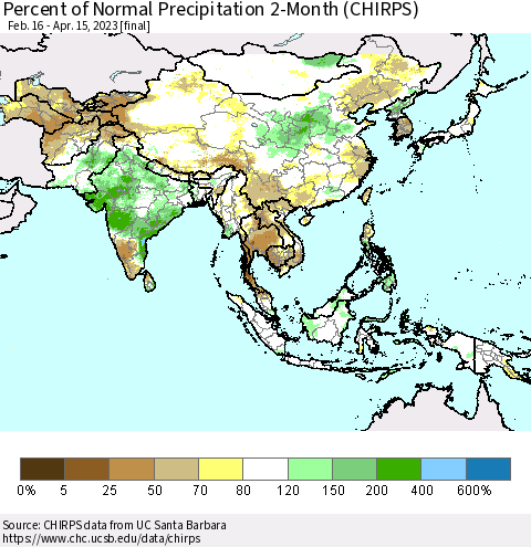 Asia Percent of Normal Precipitation 2-Month (CHIRPS) Thematic Map For 2/16/2023 - 4/15/2023
