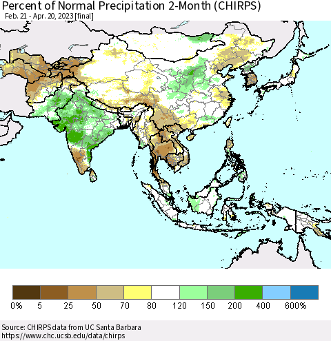 Asia Percent of Normal Precipitation 2-Month (CHIRPS) Thematic Map For 2/21/2023 - 4/20/2023