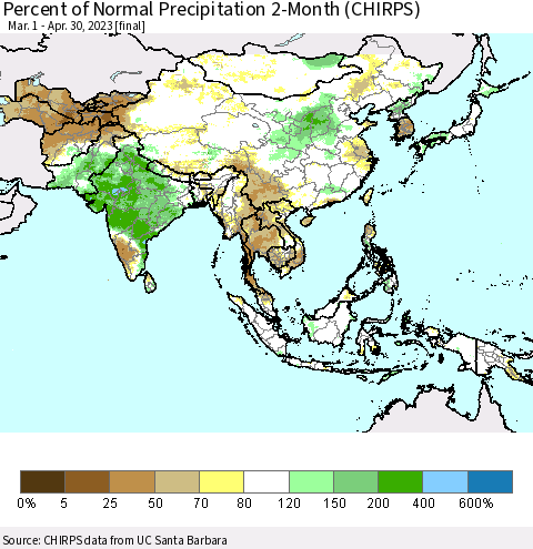 Asia Percent of Normal Precipitation 2-Month (CHIRPS) Thematic Map For 3/1/2023 - 4/30/2023