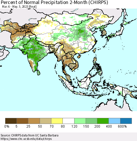 Asia Percent of Normal Precipitation 2-Month (CHIRPS) Thematic Map For 3/6/2023 - 5/5/2023