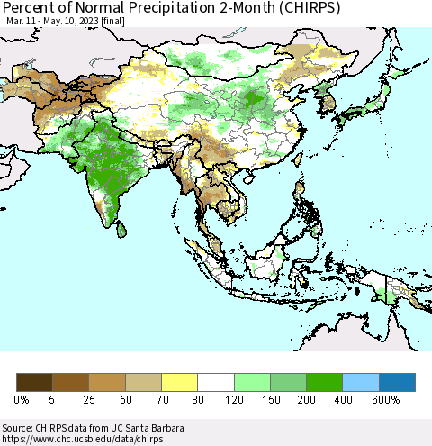 Asia Percent of Normal Precipitation 2-Month (CHIRPS) Thematic Map For 3/11/2023 - 5/10/2023