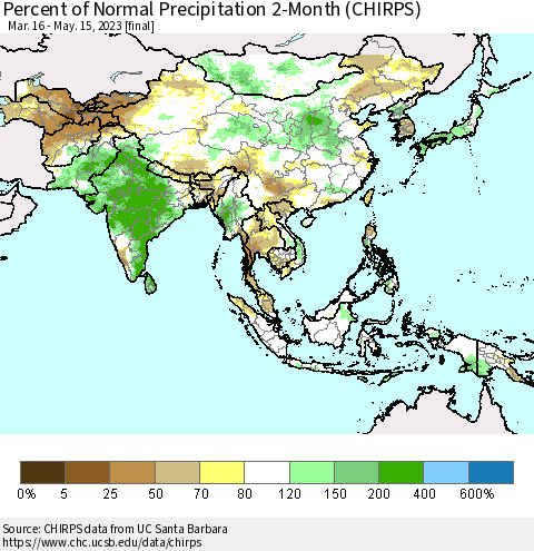 Asia Percent of Normal Precipitation 2-Month (CHIRPS) Thematic Map For 3/16/2023 - 5/15/2023