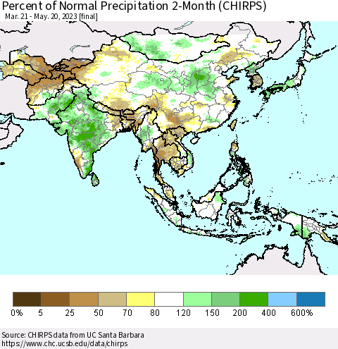 Asia Percent of Normal Precipitation 2-Month (CHIRPS) Thematic Map For 3/21/2023 - 5/20/2023
