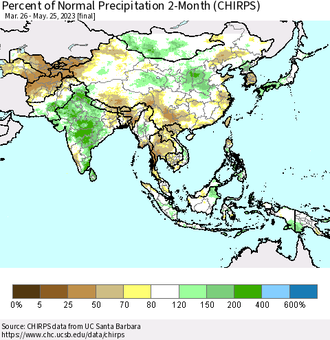 Asia Percent of Normal Precipitation 2-Month (CHIRPS) Thematic Map For 3/26/2023 - 5/25/2023