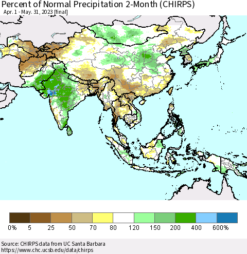 Asia Percent of Normal Precipitation 2-Month (CHIRPS) Thematic Map For 4/1/2023 - 5/31/2023
