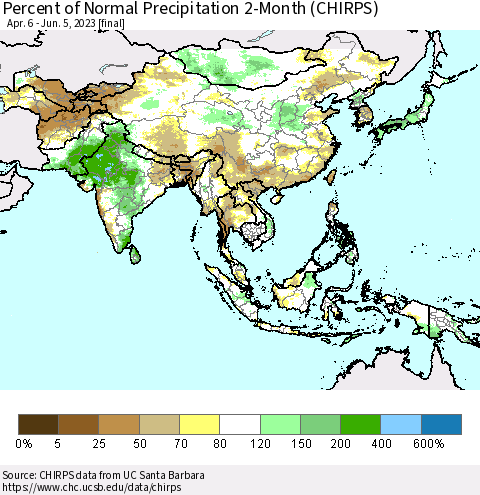 Asia Percent of Normal Precipitation 2-Month (CHIRPS) Thematic Map For 4/6/2023 - 6/5/2023