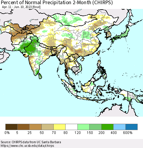 Asia Percent of Normal Precipitation 2-Month (CHIRPS) Thematic Map For 4/11/2023 - 6/10/2023