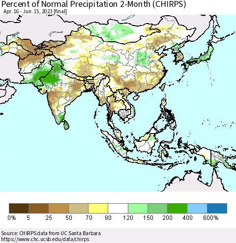 Asia Percent of Normal Precipitation 2-Month (CHIRPS) Thematic Map For 4/16/2023 - 6/15/2023