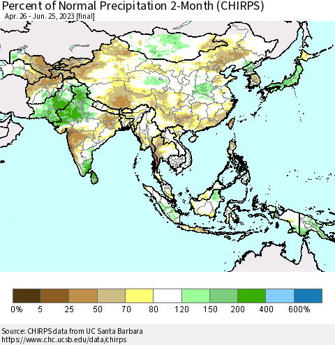 Asia Percent of Normal Precipitation 2-Month (CHIRPS) Thematic Map For 4/26/2023 - 6/25/2023