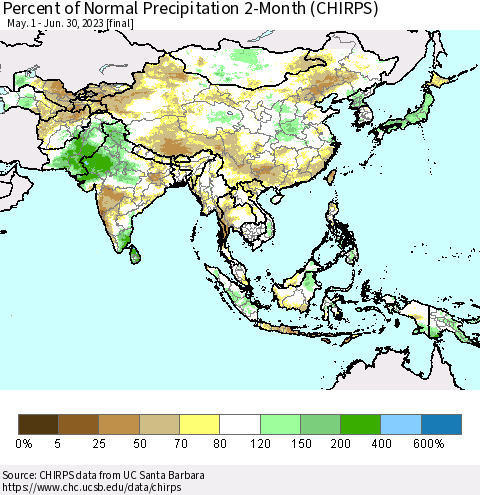 Asia Percent of Normal Precipitation 2-Month (CHIRPS) Thematic Map For 5/1/2023 - 6/30/2023