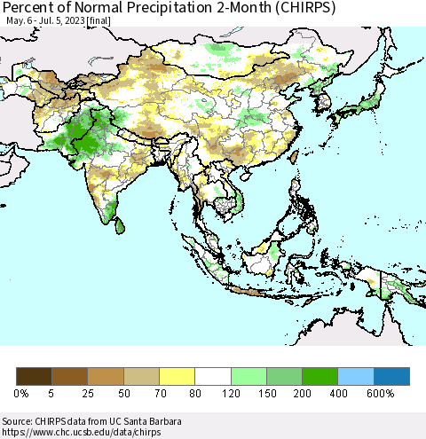 Asia Percent of Normal Precipitation 2-Month (CHIRPS) Thematic Map For 5/6/2023 - 7/5/2023