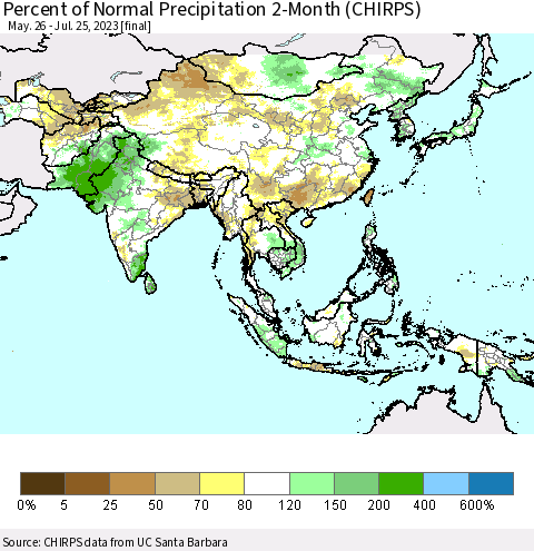 Asia Percent of Normal Precipitation 2-Month (CHIRPS) Thematic Map For 5/26/2023 - 7/25/2023