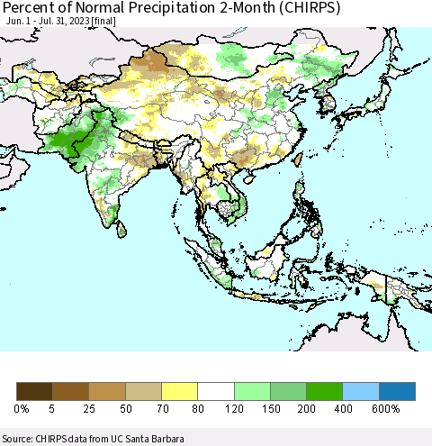 Asia Percent of Normal Precipitation 2-Month (CHIRPS) Thematic Map For 6/1/2023 - 7/31/2023