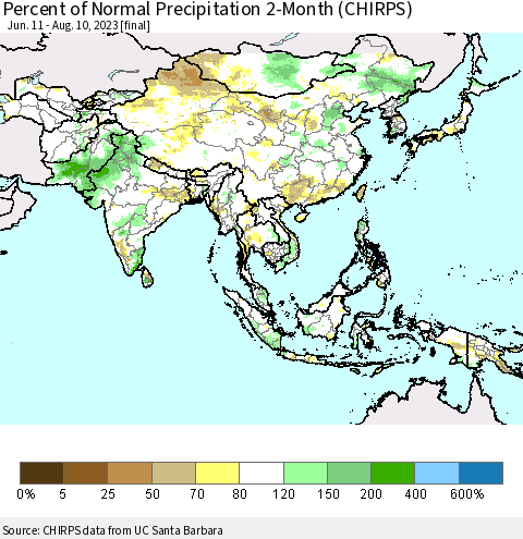 Asia Percent of Normal Precipitation 2-Month (CHIRPS) Thematic Map For 6/11/2023 - 8/10/2023