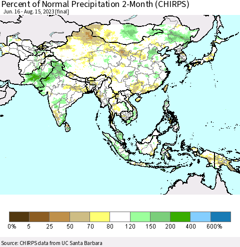 Asia Percent of Normal Precipitation 2-Month (CHIRPS) Thematic Map For 6/16/2023 - 8/15/2023