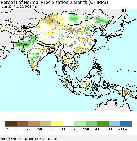Asia Percent of Normal Precipitation 2-Month (CHIRPS) Thematic Map For 6/21/2023 - 8/20/2023