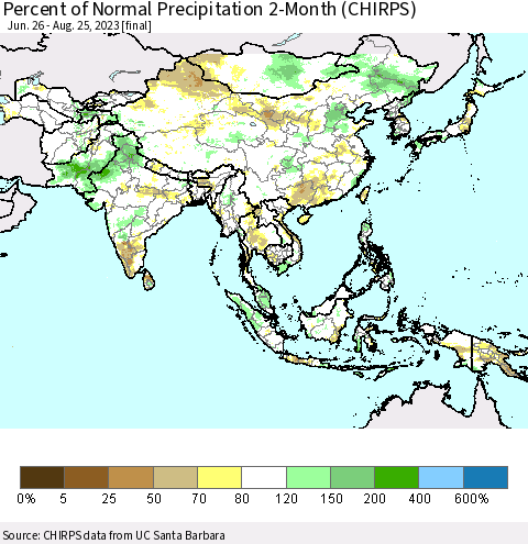 Asia Percent of Normal Precipitation 2-Month (CHIRPS) Thematic Map For 6/26/2023 - 8/25/2023