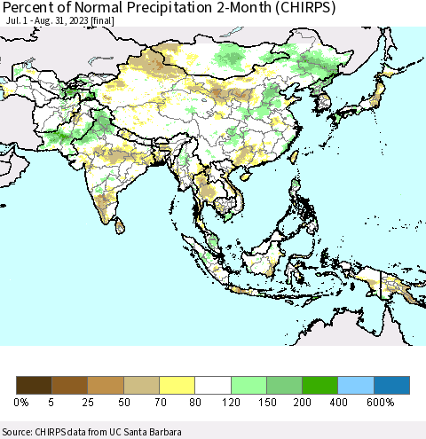 Asia Percent of Normal Precipitation 2-Month (CHIRPS) Thematic Map For 7/1/2023 - 8/31/2023