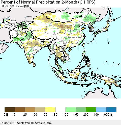 Asia Percent of Normal Precipitation 2-Month (CHIRPS) Thematic Map For 7/6/2023 - 9/5/2023