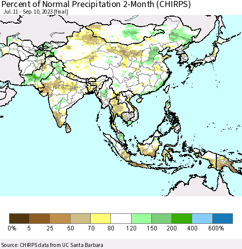 Asia Percent of Normal Precipitation 2-Month (CHIRPS) Thematic Map For 7/11/2023 - 9/10/2023