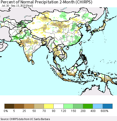 Asia Percent of Normal Precipitation 2-Month (CHIRPS) Thematic Map For 7/16/2023 - 9/15/2023