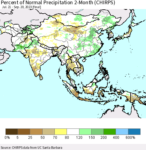 Asia Percent of Normal Precipitation 2-Month (CHIRPS) Thematic Map For 7/21/2023 - 9/20/2023