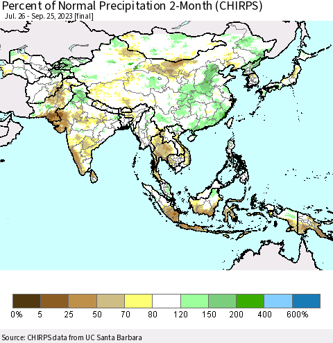 Asia Percent of Normal Precipitation 2-Month (CHIRPS) Thematic Map For 7/26/2023 - 9/25/2023